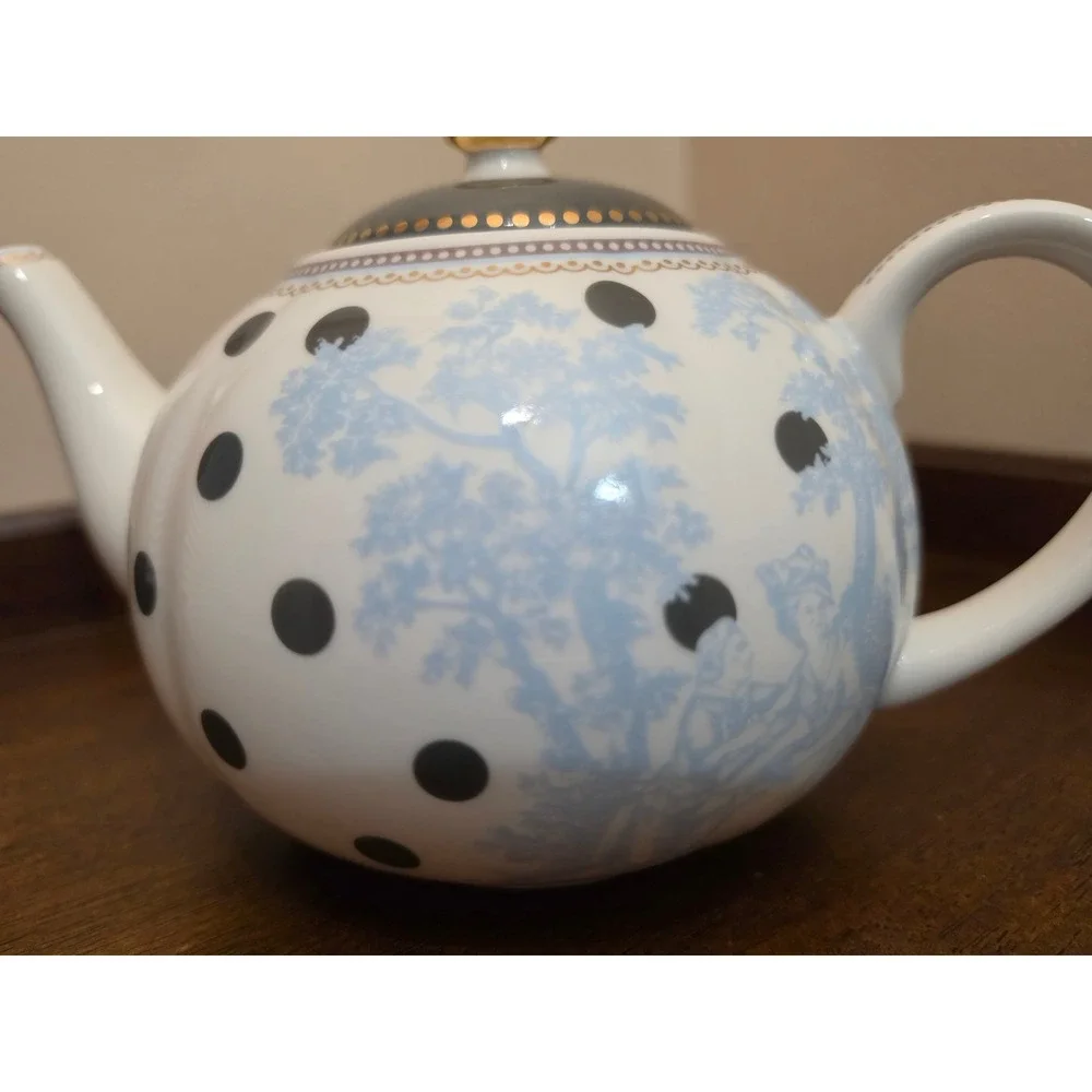 Grace Teaware Fine Porcelain Teapot Polka Dot Blue Tree Toile Gold Trim
